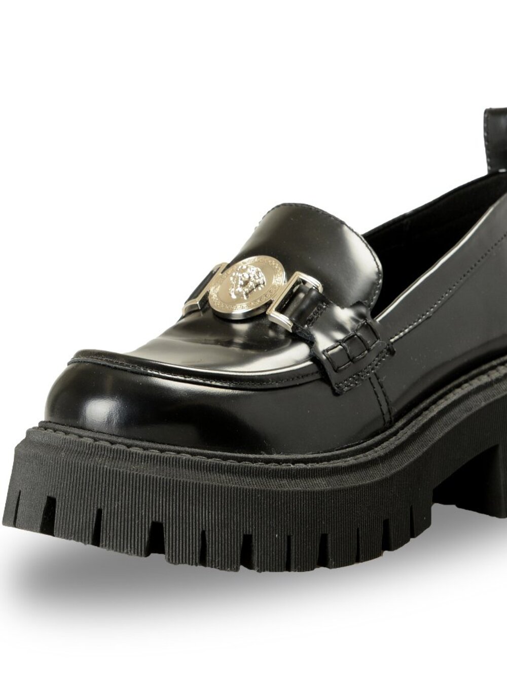 Versace Women's Black 100% Leather Silver Medusa Head Loafers Shoes US 9 IT 39 - Picture 8 of 8